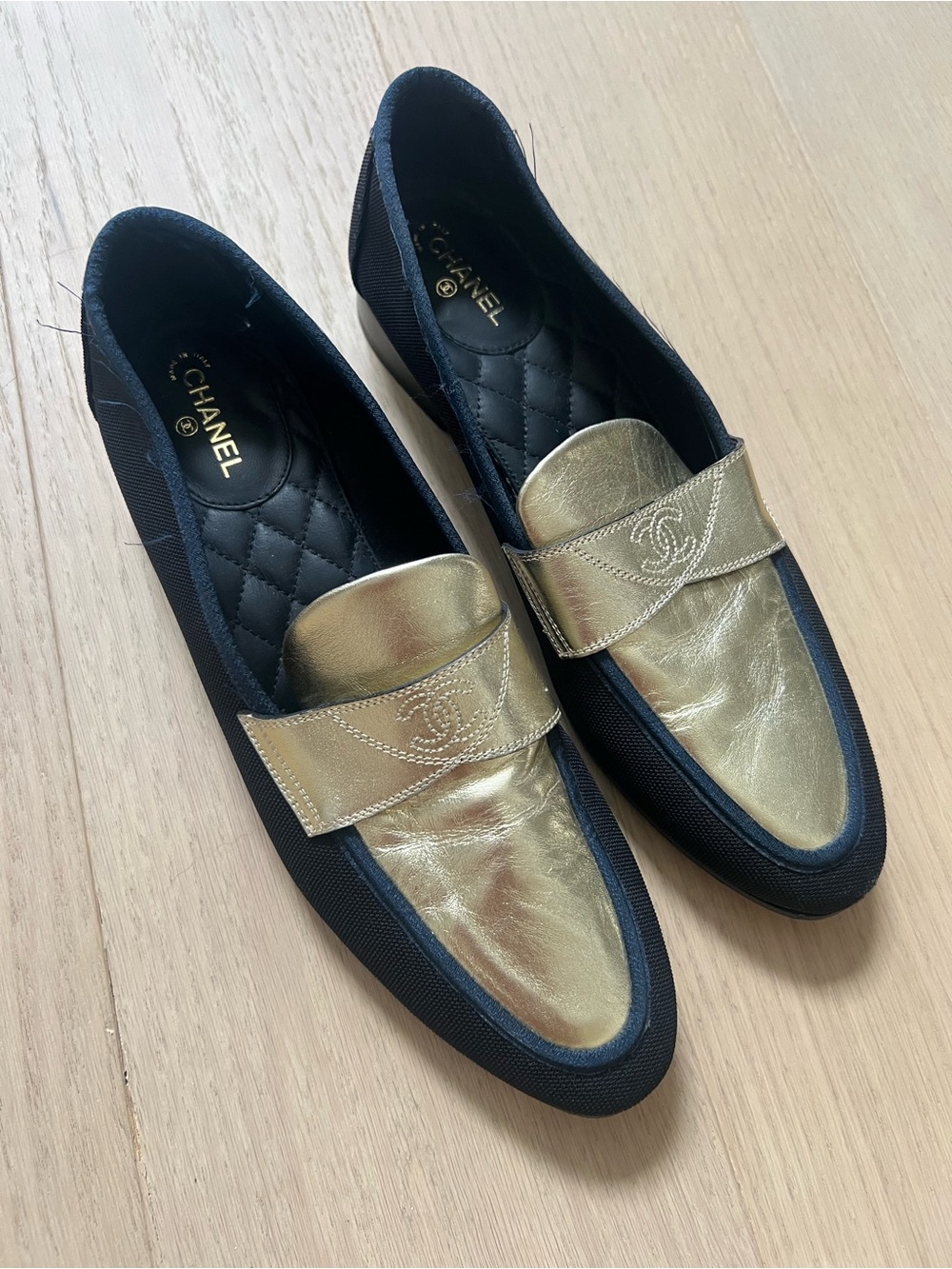 CHANEL Quilted-Trim Leather Penny Loafers